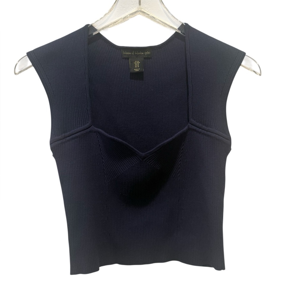 HOUSE OF HARLOW 1960 Sweatheart Neck Cropped Knit Top in Navy Blue size Medium‎